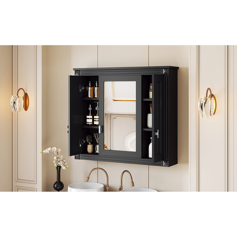 Wall Mounted Mirror Cabinet For Bathroom, 5 Shelves, 3 Doors, Modern Style, High - Quality , Exquisite Craftsmanship Black Medicine Bedroom And Adjustable Multiple Storage Space