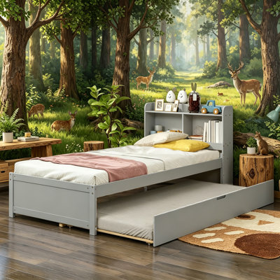Twin Size Solid Wood Standard Kids Bed With Bookcase Headboard & Twin Size Trundle