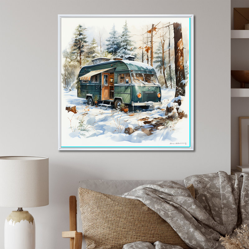 «Camping Van Charm In Winter - Camping Travel», reproduction d'art mural, Cadre photo blanc, H 30 po x l 30 po