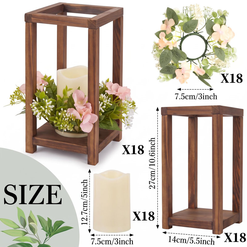 Lot de 18/24 lanternes en bois pour centre de table de mariage, lanternes porte-bougies en bois de sapin massif avec couronne de fleurs artificielles, décoration de table rustique pour réception de mariage, fête et décoration de table à la maison