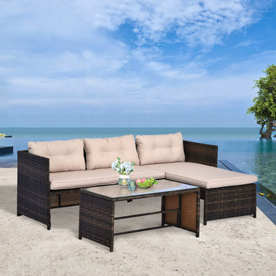 Ensemble de meubles de patio 3 pièces en verre trempé d'extérieur beige avec méridienne et causeuse coussins moelleux en L