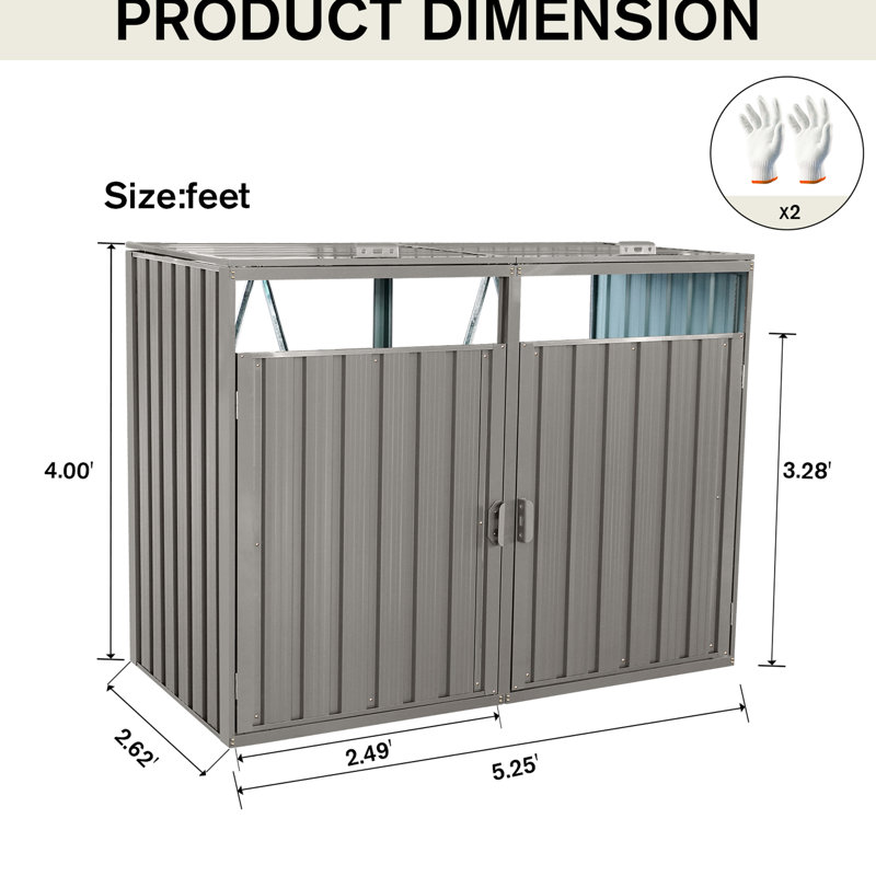 Outdoor Bin Shed For Garbage - Grey 2 Trash Cans Galvanized Steel, , Scratch-, Ventilated With Openings, Locks And Handles 2 Rot-, Convenient Disposal Storage