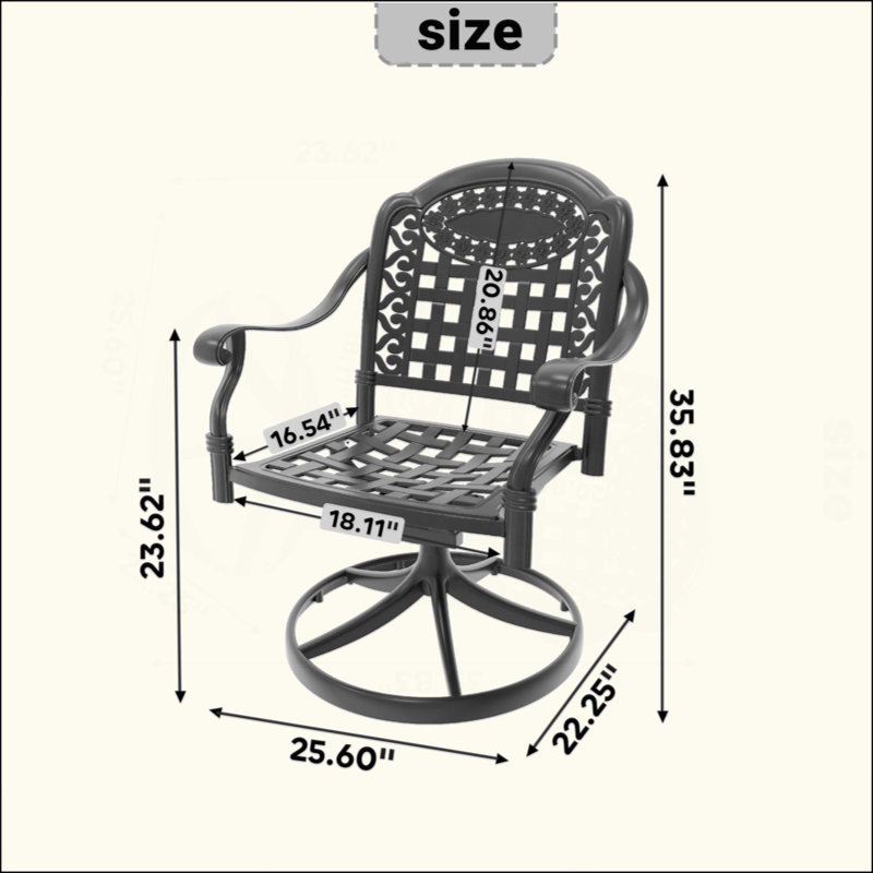 Chaise de patio pivotante en fonte d'aluminium 2 pièces avec structure et coussins