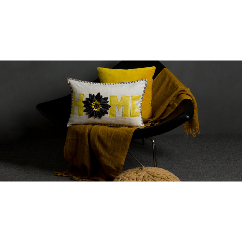 Housse de coussin décoratif fait à la main à motif floral 3D, 14 po x 20 po, Carreauté jaune et gris - lin