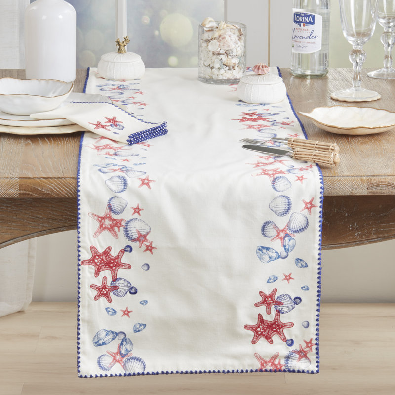 Printed Coastal Shell & Starfish Table Runner – Non-Reversible Cotton Table Runner for Dining Tables, 16"x72"