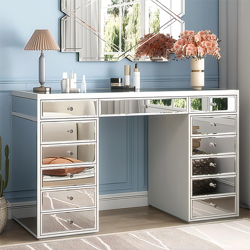 Meuble-lavabo à miroir 51 po avec 13 tiroirs style Hollywood, Blanc