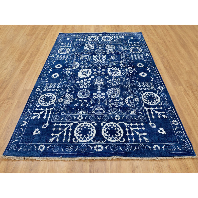 noué à la main de conception unique 6 pi 2 po x 9 pi Tapis décoratif bleu