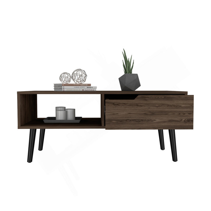 Table basse Bull, un tiroir, une tablette ouverte, quatre pieds, finition noyer foncé
