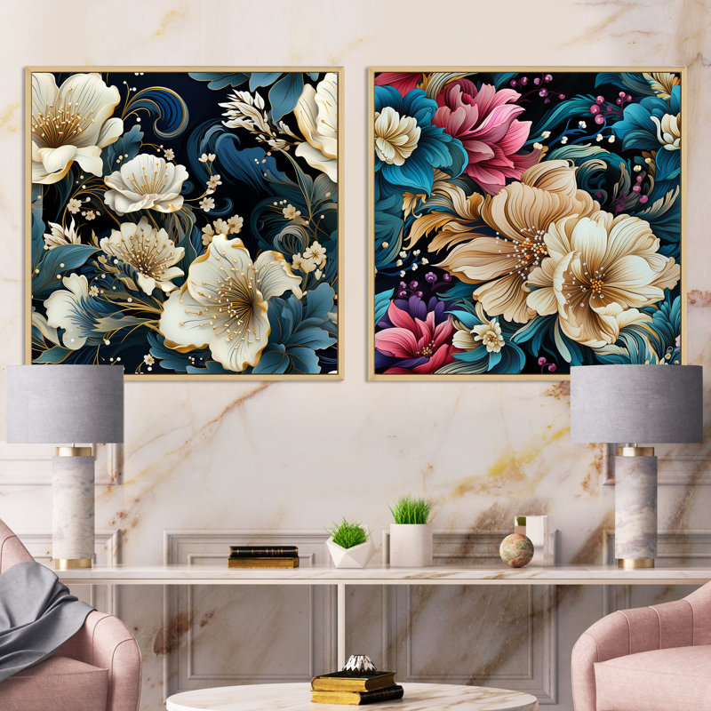 Crowle - Ensemble de 2 collages carrés floraux, Cadre flottant brun, H 30 po x l 61 po