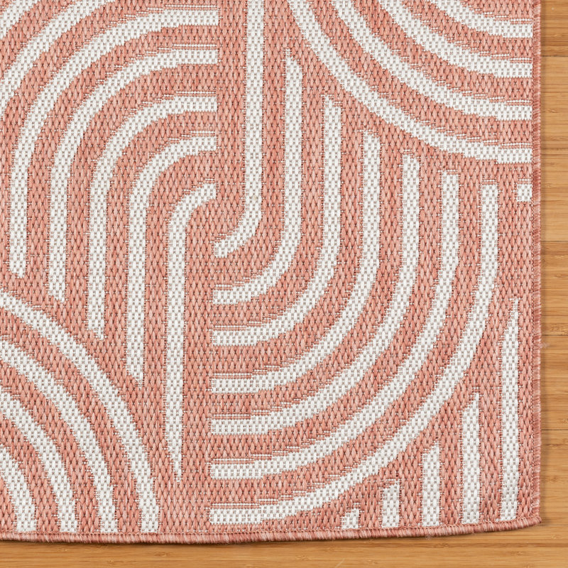 Savara Chryssi Coral Orange Ivory Cream Modern Circles Indoor/ Outdoor Polypropylene Flatweave Area Rug, Rectangle 5'3" x 7'