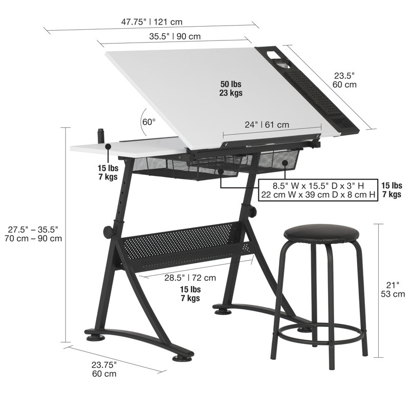 Adjustable White Metal Drafting Table with Storage Drawers