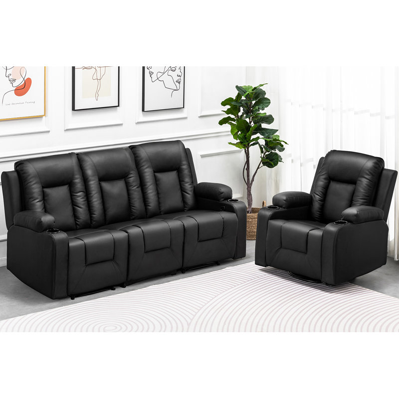 Recliner Sofa Set, Manual Reclining Chair Loveseats with Cup Holders, Chanah Bonded Leather Recliner Sofa Home Theater Seating Suitable for Living Room Furniture