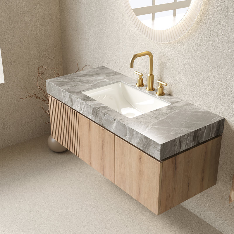 Muri 48" Bathroom Vanity&Sink, Floating Plywood Storage Cabinet With Drawer&Doors, Light Gray Sintered Stone Top&Ceramic Basin With 3 Pre-Drilled Faucet Holes, Pre-Assembled, White Oak Woodgrain Color