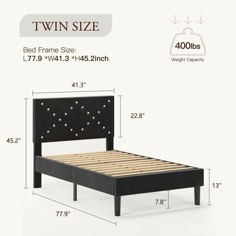 Lit plateforme simple tapissier simple avec tête de lit, support en lattes de bois, tissu noir, conception robuste, sans sommier, facile à assembler