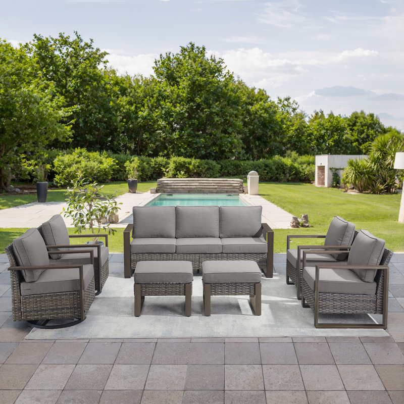 Kelyse 7 Piece All Weather Wicker Outdoor Sofa Seating Group with Cushions, Grey, Grey