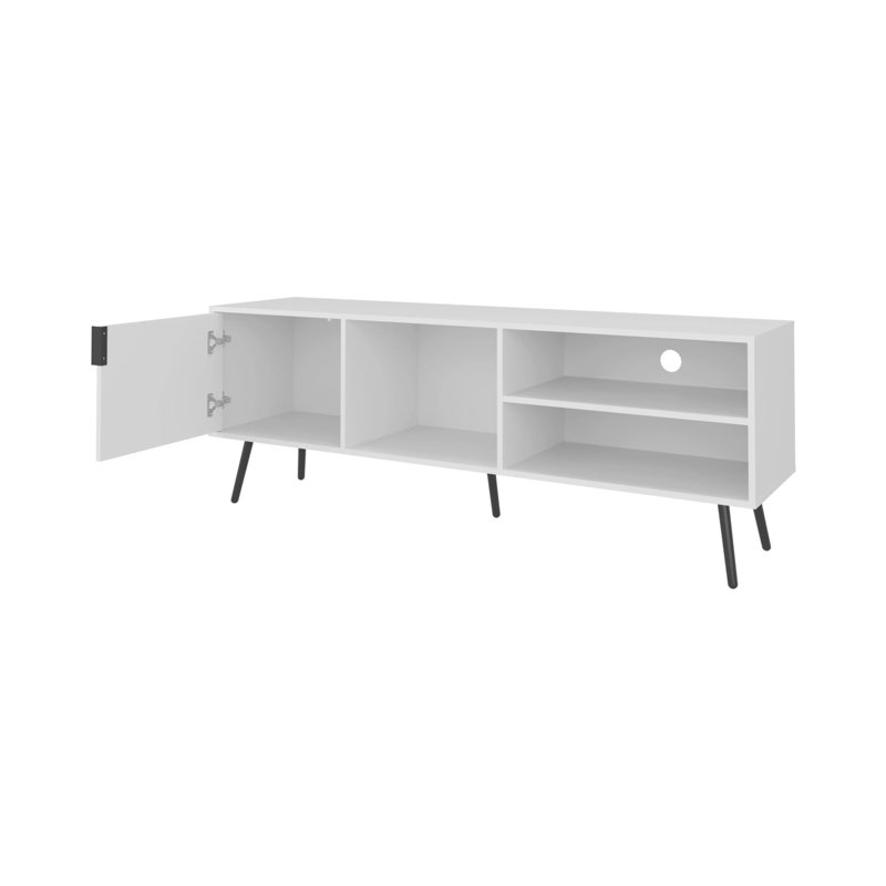 Meuble télé blanc avec rangement et porte ouverte, Blanc