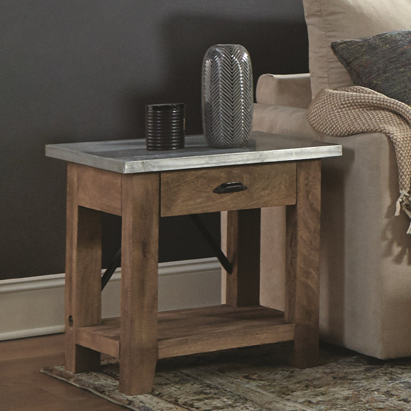 Crockett 22"W Industrial Rustic Solid Wood Frame Rectangular End Table with Drawer