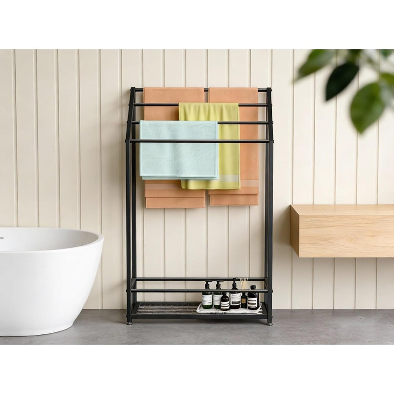 Porte-serviettes extra large sur pied avec tablette de rangement, noir mat