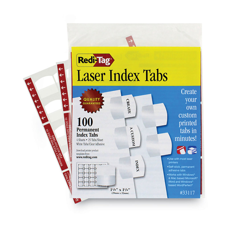Redi-Tag White Laser Printable Index Tabs, 1.13" Wide, 100/Pack