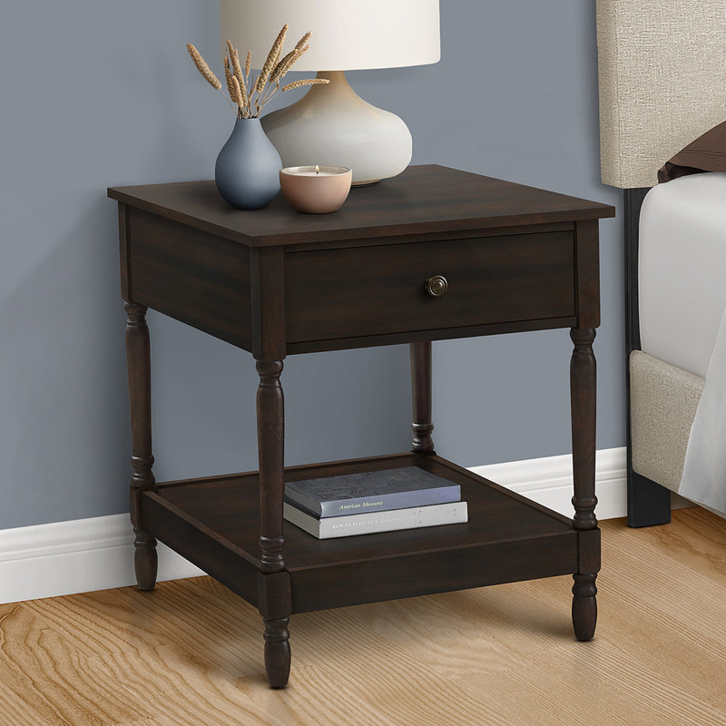 Table d'appoint, 2 niveaux, table de bout, table d'appoint, carré, table de chevet, chambre à coucher, lampe, placage brun, traditionnel