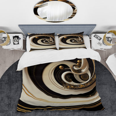 Noir, argent et or mélangeant des tourbillons VII - ensemble de housse de couette en spirale moderne - microfibre de polyester