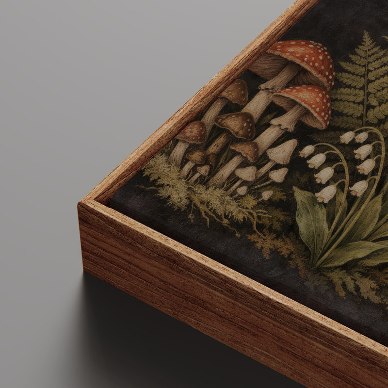 «Dark Botanical Still Life with Mushroom and Wild Flowers», art mural rétro encadré, H 24 po x l 36 po, Naturel