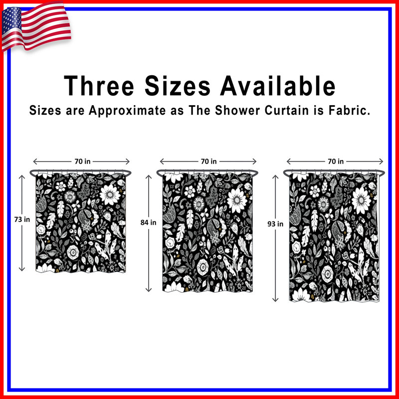 Rideaux de douche noirs et blancs à motif floral très longs, 70 po L x 72 po H