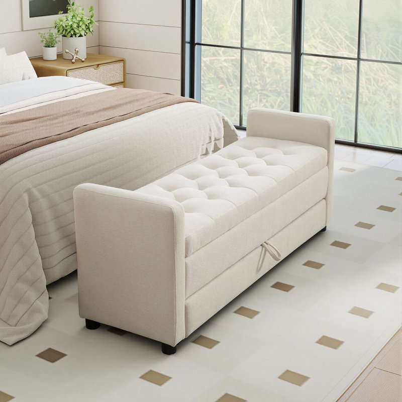 58" W Upholstered Two-Tier Storage Bench with Lift-Top & Drawer, Beige