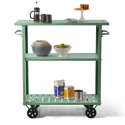 3-Tier Green Metal Rolling Bar Cart, Mobile Serving Trolley with Wheels & Side Handles, Storage Utility Cart for Kitchen, Garden & Home Bar