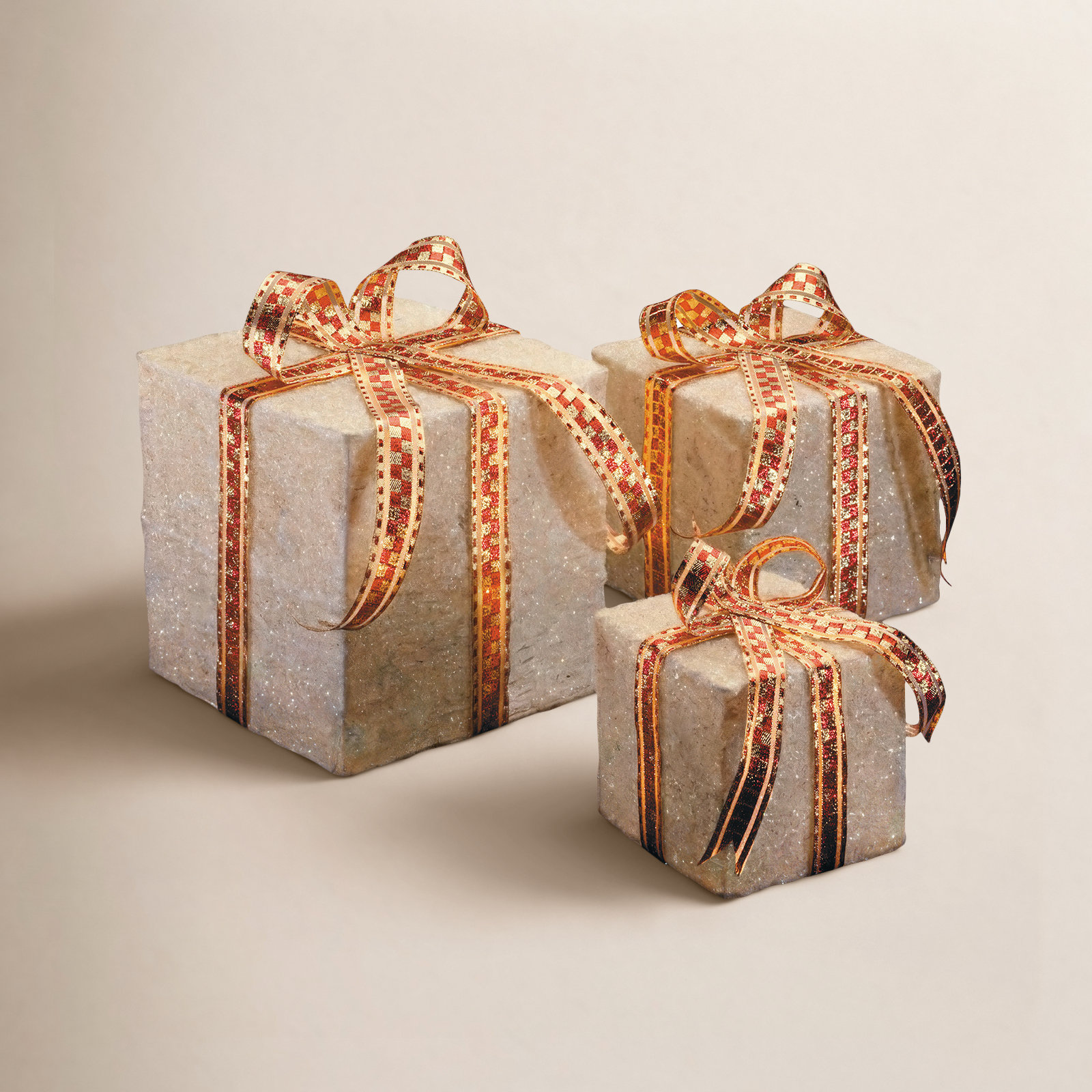 Pre-Lit Sisal Gift Box Set, White with Gold Bows, 10.6" H x 10" W x 10" D