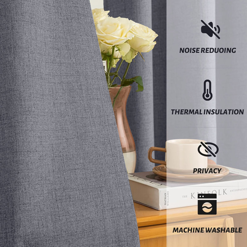 Linen 100% Blackout Eyelet Ring Top Readymade Curtain for Window & Doors 2 Panel , Grey, 168cm Width x 137cm Drop