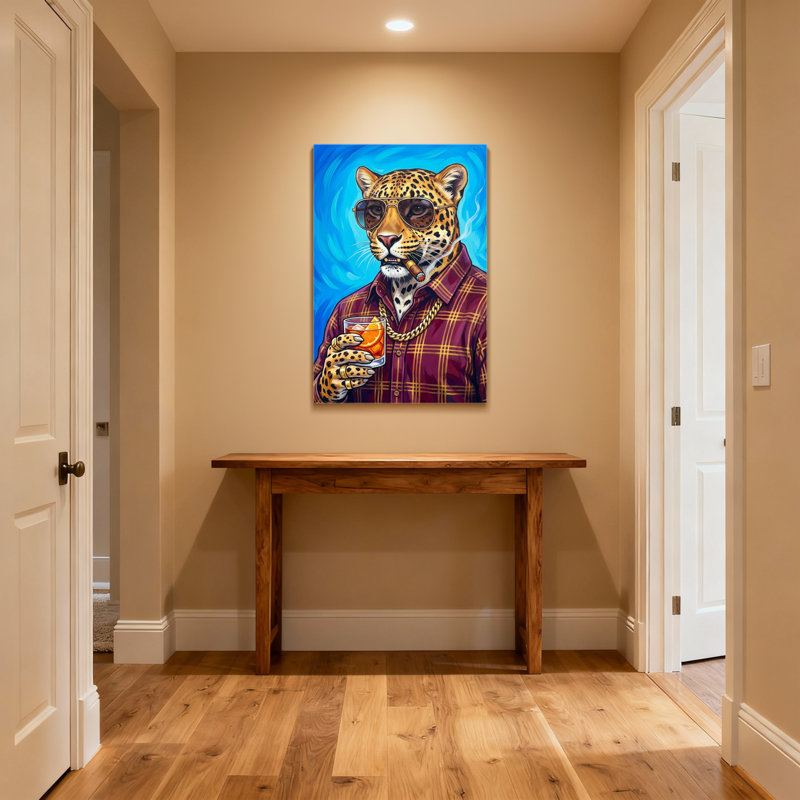 Animaux léopard portant des lunettes de soleil et un cigare tenant une boisson, H 12 po x l 18 po, Toile tendue