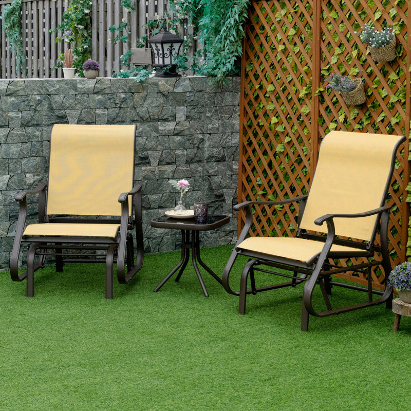 3 Piece Bistro Set Tempered Glass Beige Outdoor Gliders Set With Steel Frame, Top Table For Patio Garden Backyard Lawn