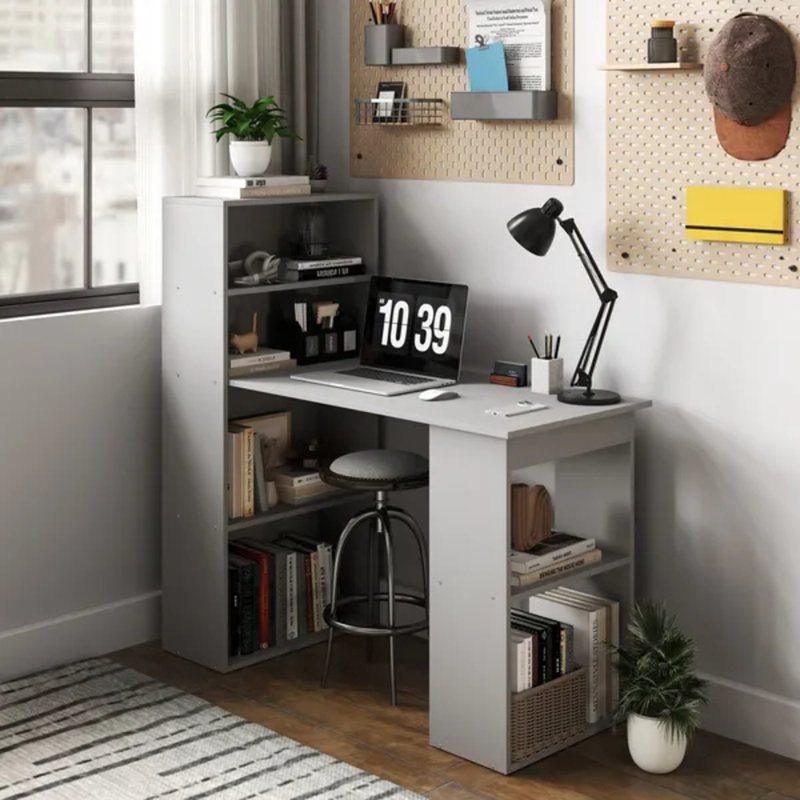 Bureau d'ordinateur gris compact avec tablettes de rangement à 6 niveaux
