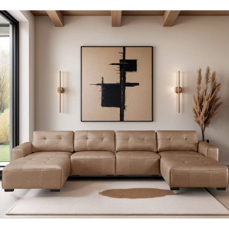 Modern Leather 6-Piece Classic U shaped Sleeper Sectional with Two Large Ottomans Chaise, Light Brown Faux Leather