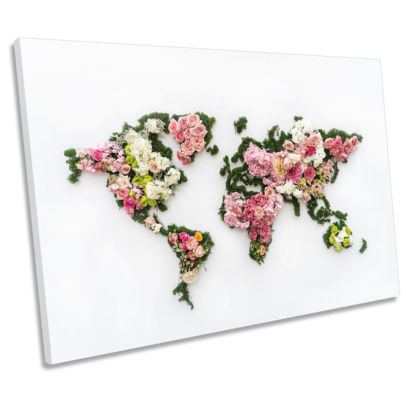 World Map Floral Flowers - Wrapped Canvas Print, 81.3cm H x 121.9cm W x 4cm D