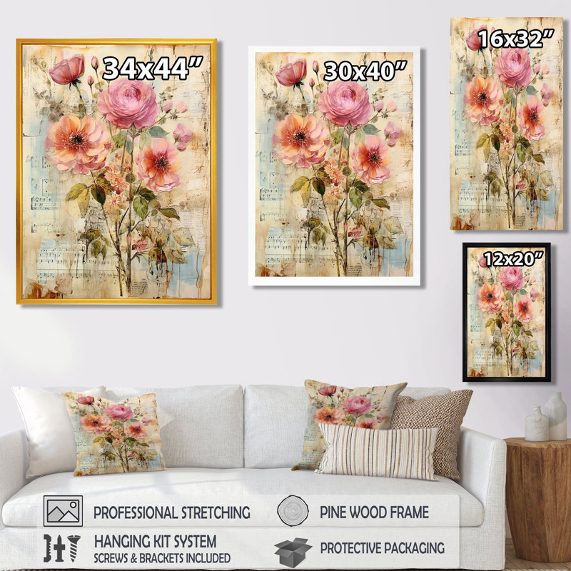 Rose rose, collage musical rétro - roses, art mural, H 32 po x l 16 po x P 1 po, Toile avec cadre flottant brun