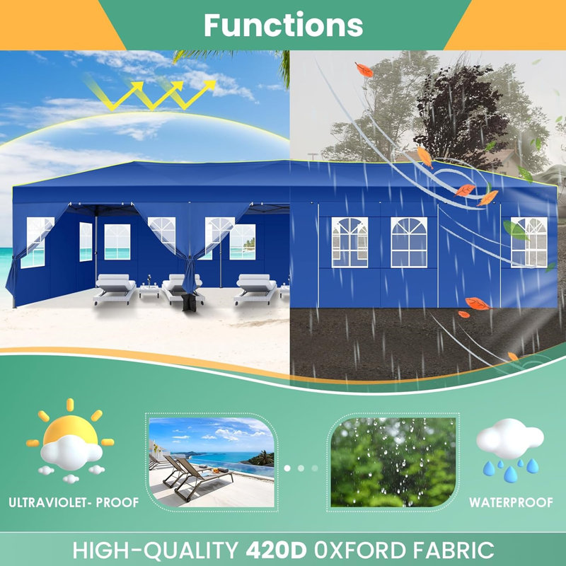 10'Wx30'D Pop Up Canopy, One Push Setup Glow Party Tent, Dark Blue