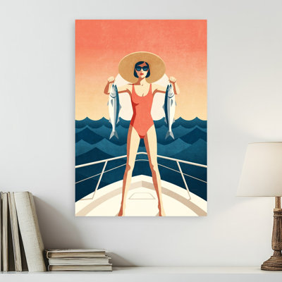 Summer Fishing Woman Retro Abstract Fish Ocean Summer Wall Art Print