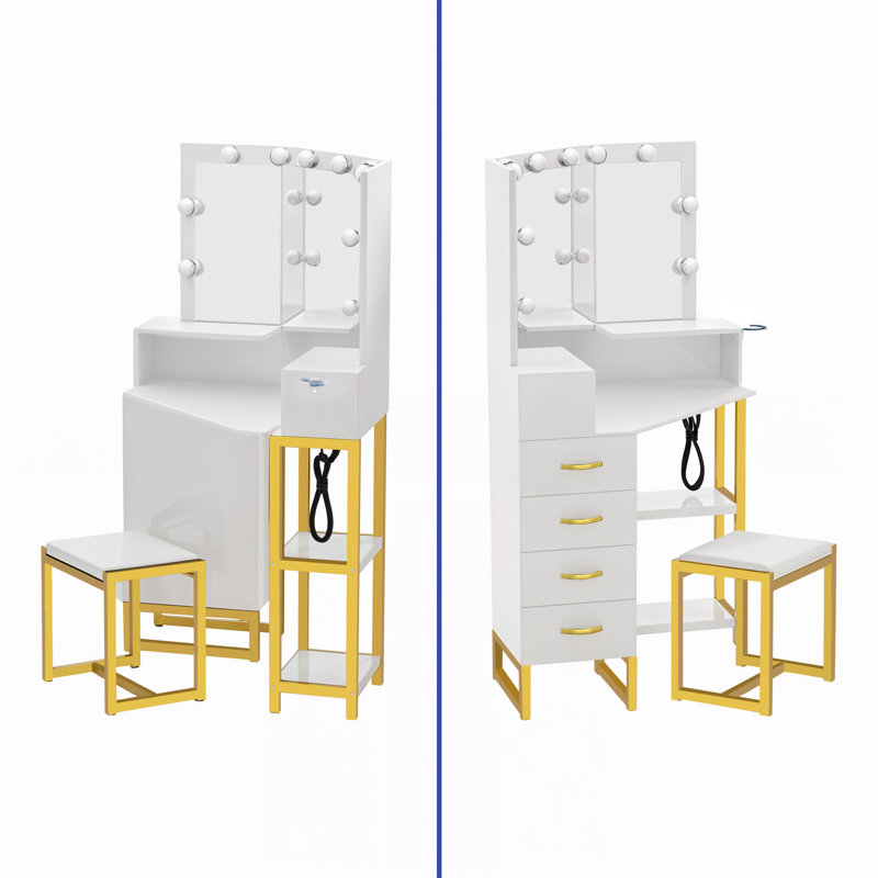 White and Gold Corner Vanity Desk with Tri-Fold Mirror and LED Lights