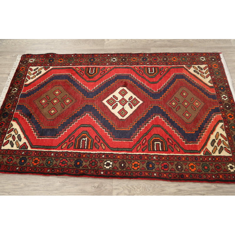 Tapis rouge en laine noué à la main de conception unique 3 pi 1 po x 4 pi 11 po Josette