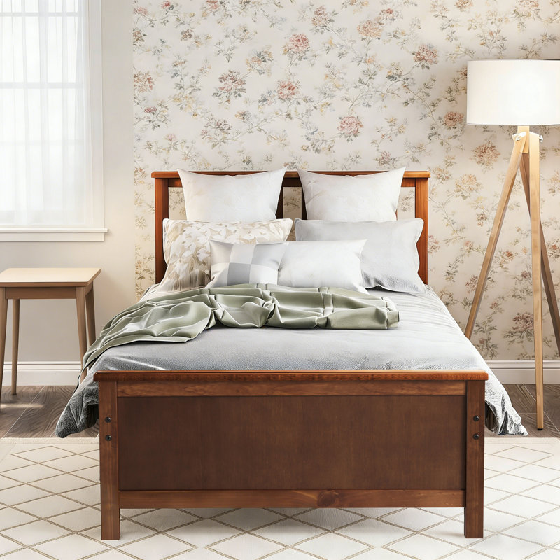 Wood Platform Bed with Headboard and Footboard, Rustic Bed Frame with Underbed Storage, No Box Spring Needed, Walnut, Twin