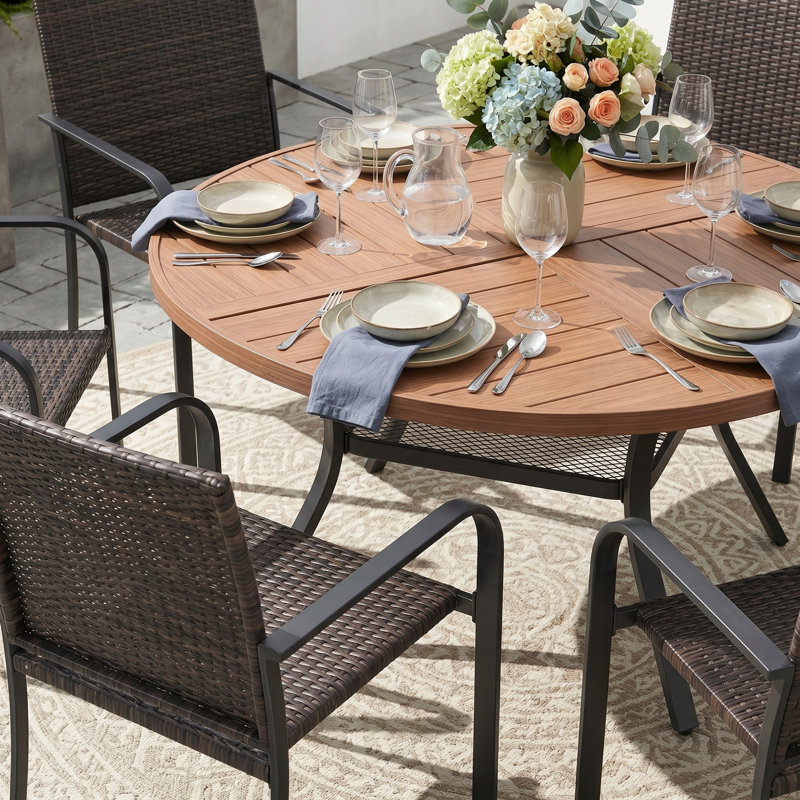 6-Person Round Patio Dining Set With PE Wicker Chairs, Brush Wood Brown