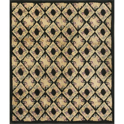 European Floral Motif Striking Black Tan Contrast Antique American Geometric Grid Design Hooked Rug