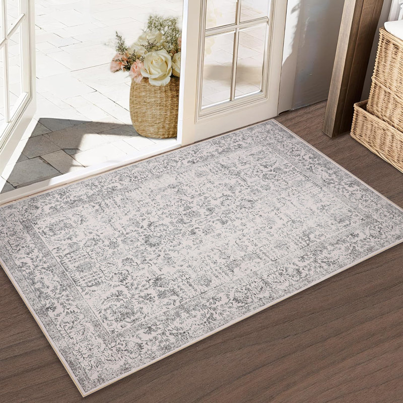 Tapis vintage lavable à la machine avec envers antidérapant Arnedo, Gris, 0.28", Rectangulaire 2 pi x 3 pi