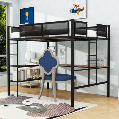 Full Size Metal Loft Bed With Built-In Ladders, Shelves And Guardrails