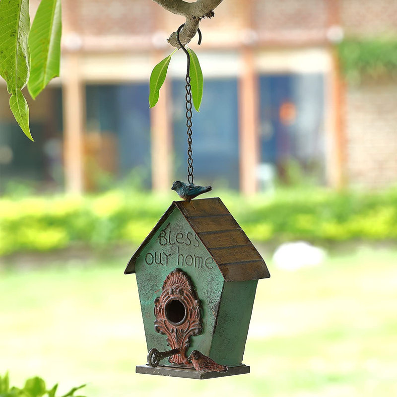 Green Distressed Metal Hanging Birdhouse with Cast Iron Birds