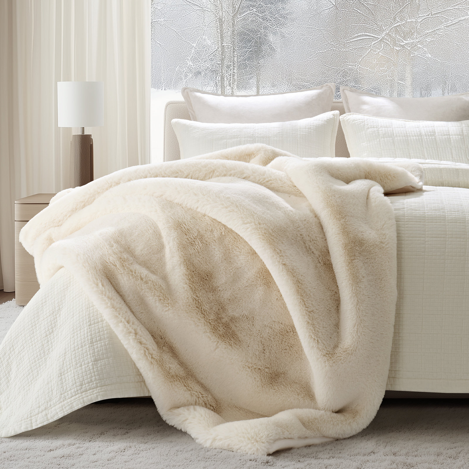 Luxury Soft Faux Chinchilla Fur Throw Blanket 1220GSM, 60" L x 50" W, Birch Mink