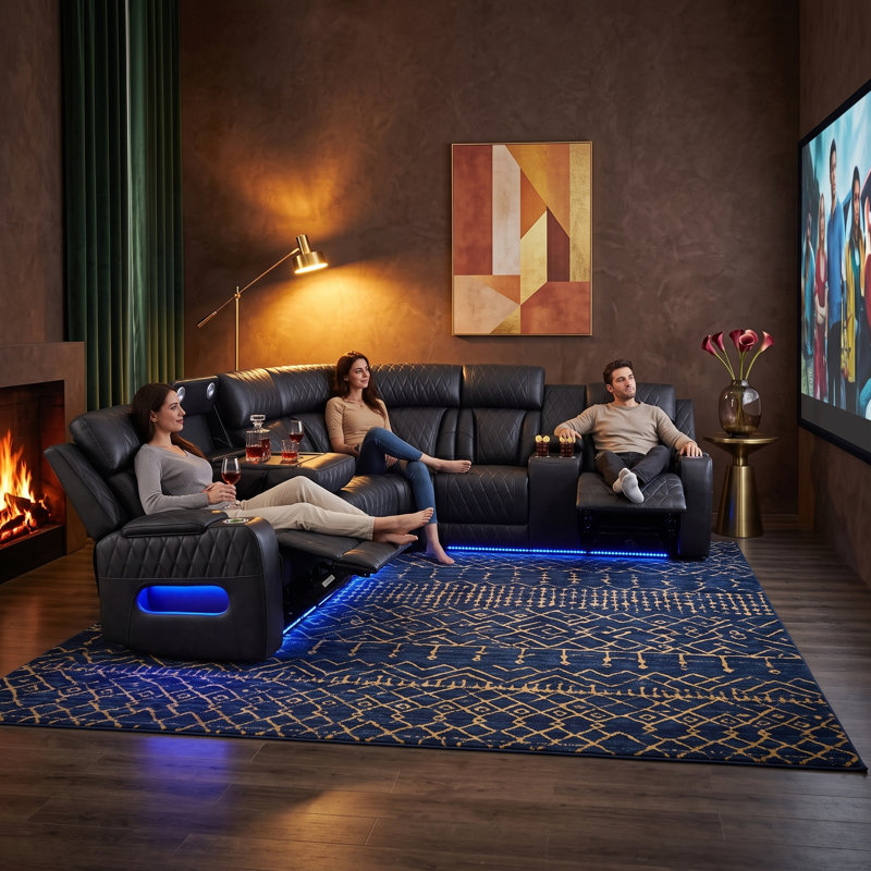 Ensemble de canapé inclinable électrique moderne en cuir véritable avec Bluetooth, Blue+Blueteeth, 6 sièges