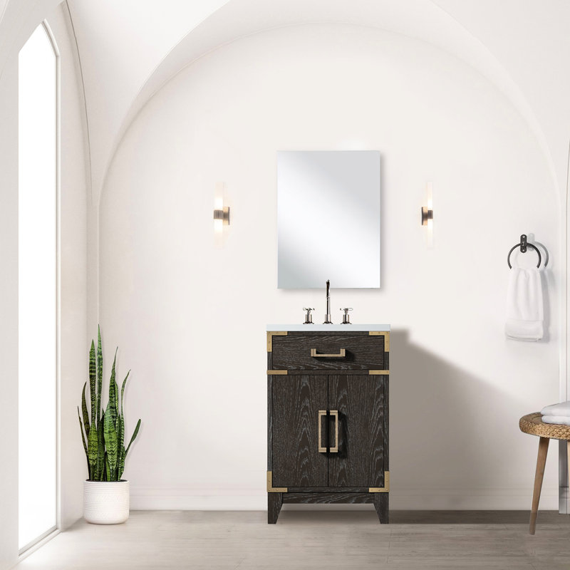33,87 po Grand meuble-lavabo en chêne brun avec comptoir en acrylique - unité de rangement surélevée H avec miroir inclus